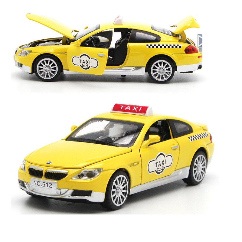 Ô tô taxi đồ chơi trẻ em xe bằng sắt chạy cót có âm thanh và đèn mở được cửa xe