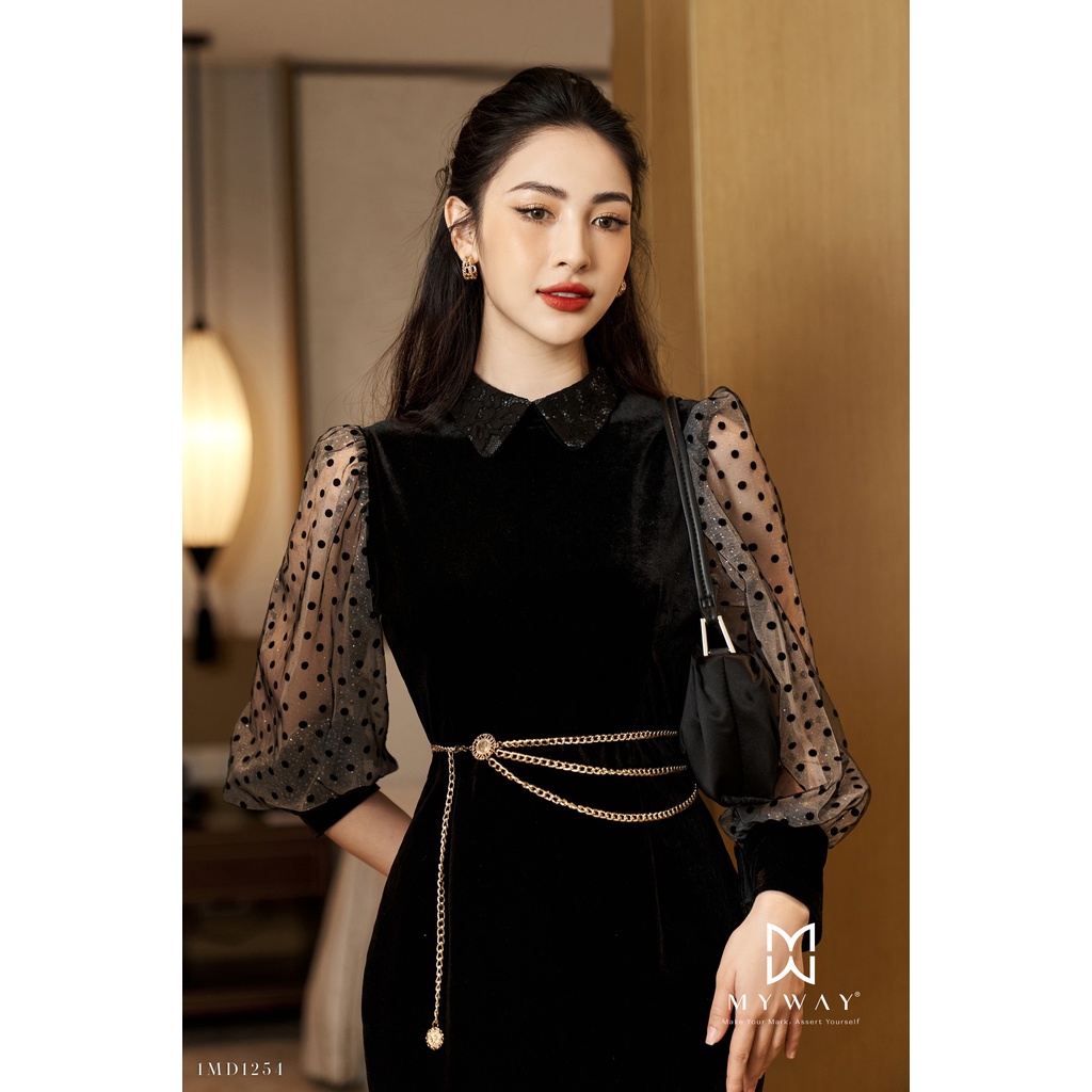 Đầm Nhung Nữ MY WAY Công Sở Dáng Bút Chì Tay Phối Voan Chấm Bi Sang Trọng 1MD1254 De1