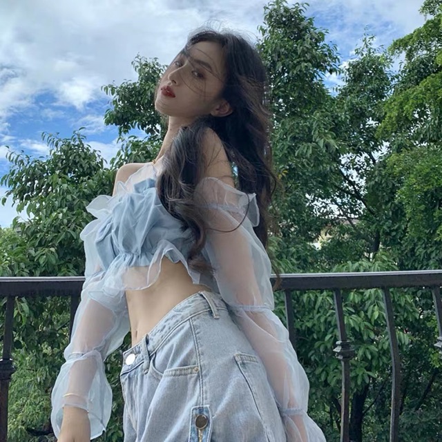 Áo Croptop 🍊 [Tiệm Vải Xinh] 🍊 Áo Croptop Ren Trễ Vai Tay Bồng - Hàng quảng châu | BigBuy360 - bigbuy360.vn