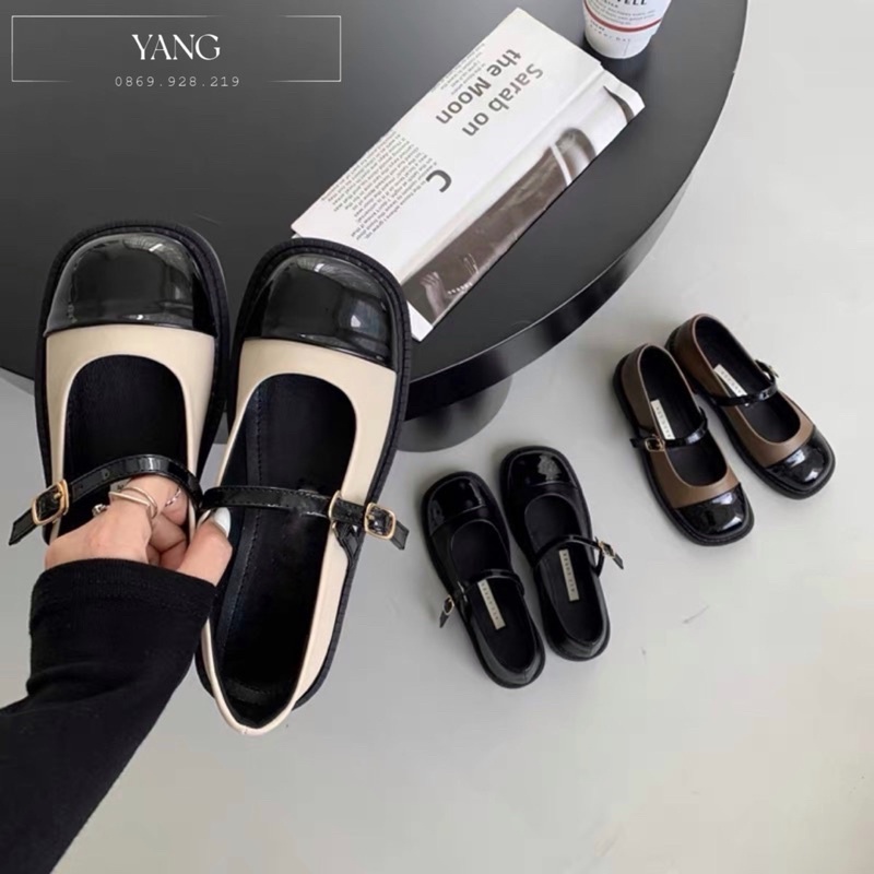 Giày búp bê mũi vuông hai màu, giày búp bê dây cài dễ phối đồ