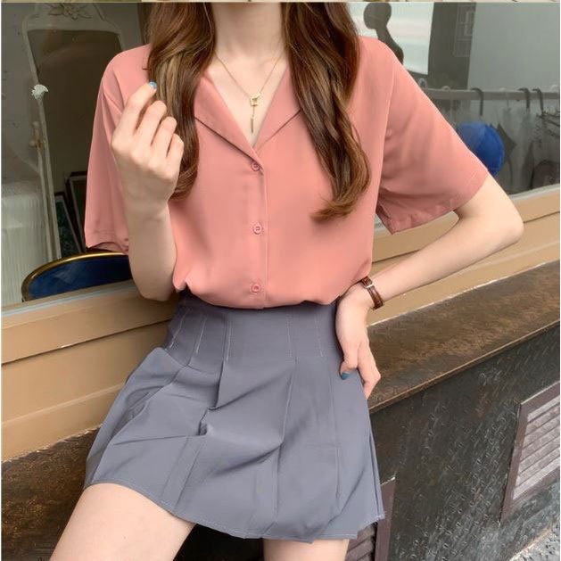 Áo sơ mi nữ cộc tay cổ vest màu trơn pastel - áo sơ mi cộc tay trơn nhiều màu dáng rộng cổ vest nữ