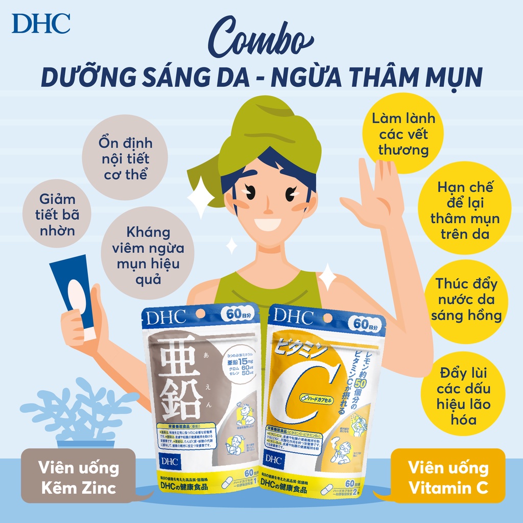 Combo NGỪA MỤN - GIẢM THÂM DHC Nhật Bản gồm viên uống kẽm và viên uống vitamin C 30 ngày TM-DHC-CB2