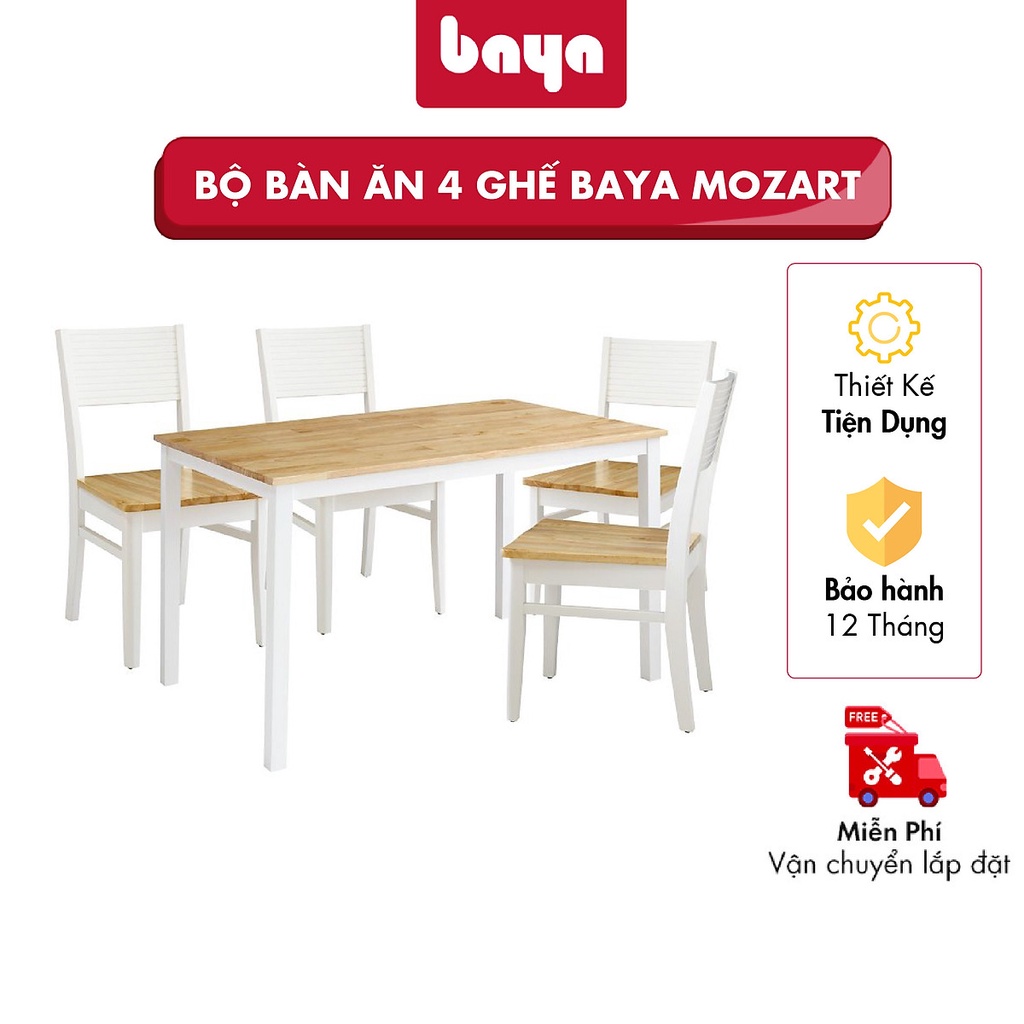 Bộ Bàn Ăn 4 Ghế BAYA MOZART Làm Bằng Gỗ Cao Su Bền Chắc Gam Màu Gỗ Tự Nhiên Phối Trắng Kiểu Dáng Cổ Điển 1098730