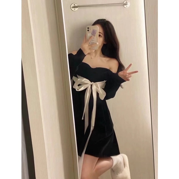 Váy Babydoll Nhung Buộc Nơ Trễ Vai Hàng QC ảnh thật cận chất Kaylee | BigBuy360 - bigbuy360.vn