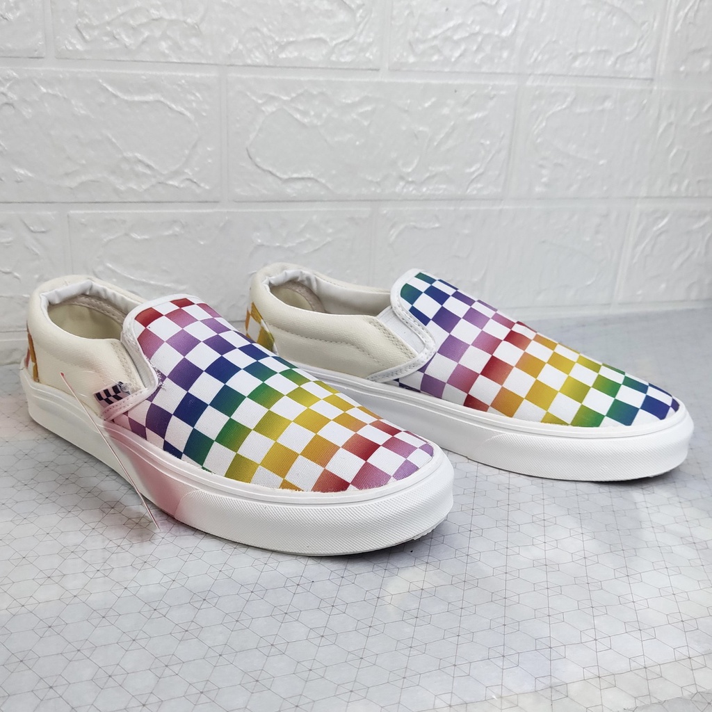 Giày Thể Thao Van Lười Caro Bảy Sắc Cầu Vồng, Slipon Bảy Màu Nam Nữ Fullbox