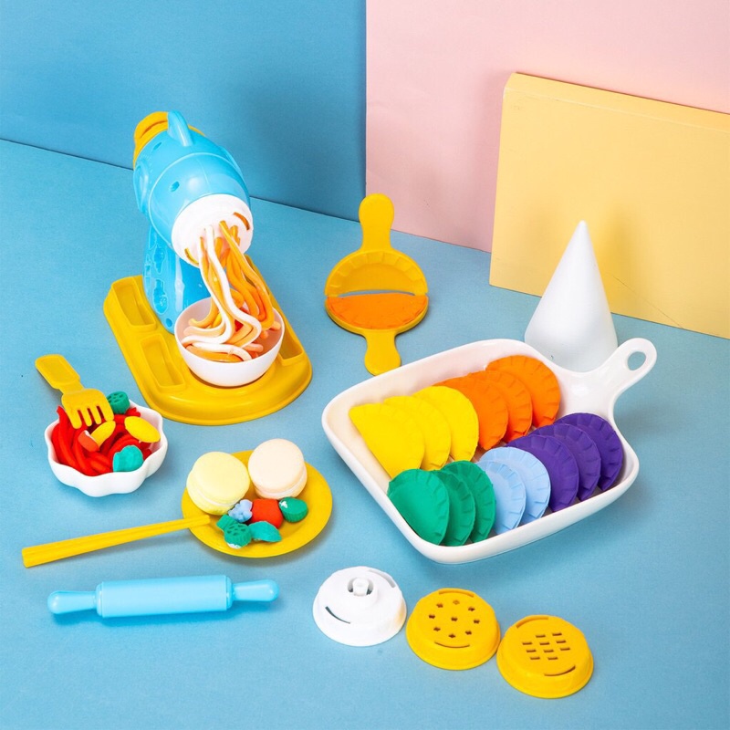 Máy làm mì đất nặn, đất nặn làm spagetti, đồ ăn 6 màu kèm 12 khuôn cho bé chính hãng Deli - 67801