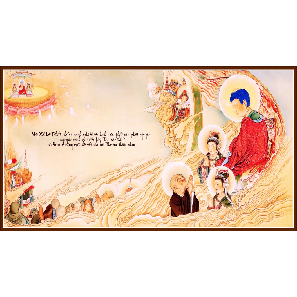 Tranh Phật Giáo - Tranh A Di Đà Thế Giới Cực Lạc -chất liệu vải canvas kim tuyến đóng  nẹp sáo gỗ tự nhiên-BIG SIZE