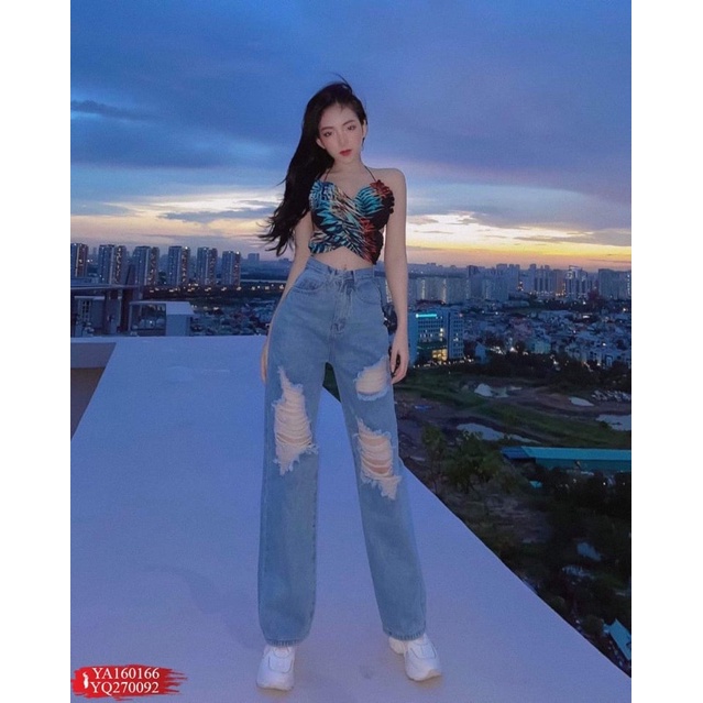 Quần Jean Nữ Lưng Cao Ống Đứng Rách 2 Bên