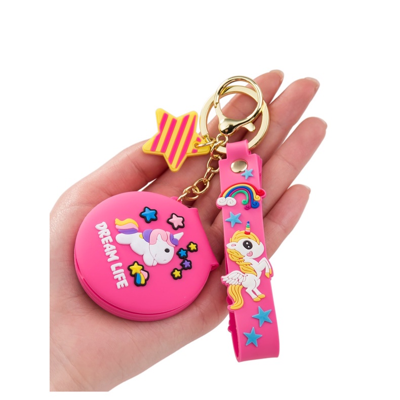 Móc khóa kèm gương bằng silicone họa tiết kỳ lân nhỏ gọn mini