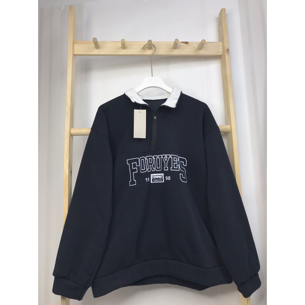 Áo Nỉ PoLo Khoá Cổ Áo Nỉ Nữ Sweater Xanh Than Cao Cổ Dài Tay Bồng Form Rộng Cá Tính Ulzzang | BigBuy360 - bigbuy360.vn