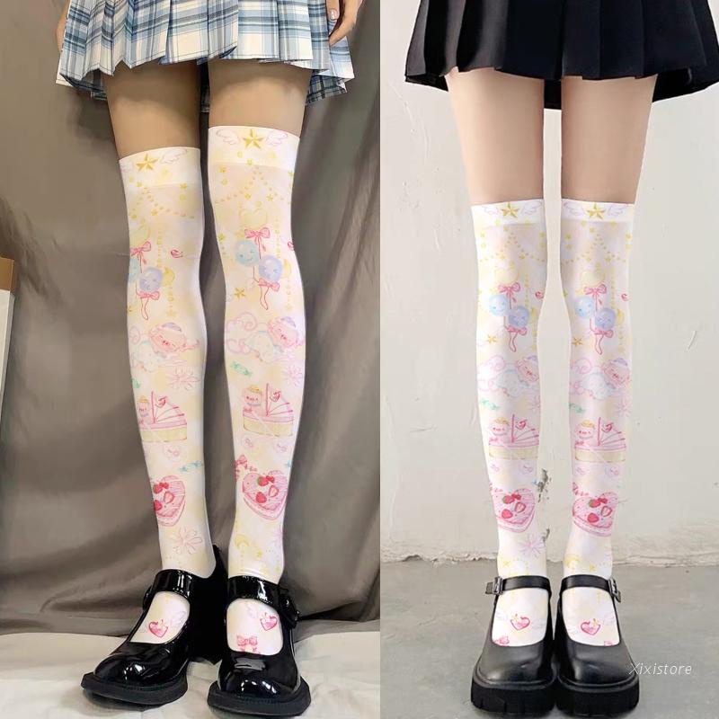 Vớ dài qua gối in hình bánh kem dâu/ bong bóng hoạt hình phong cách Lolita ngọt ngào dễ thương cho nữ