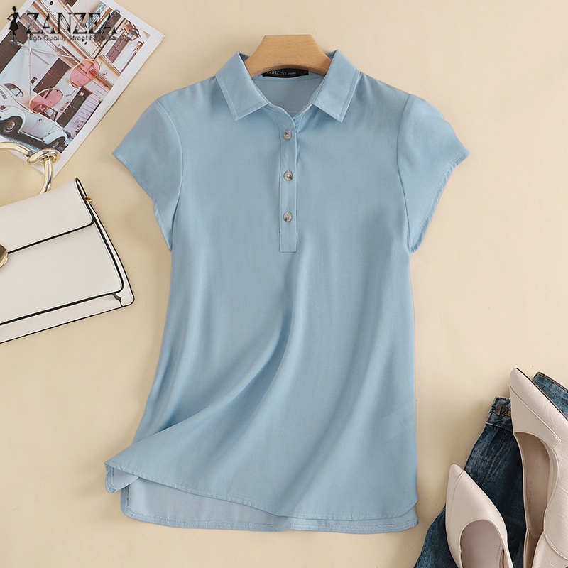 Áo sơ mi ZANZEA dáng rộng tay ngắn cổ bẻ màu trơn thời trang cho nữ