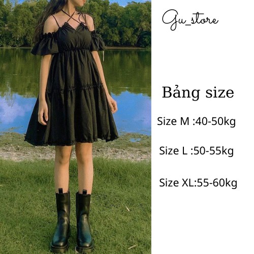 [ Có Ảnh Thật ] Váy Đen Hai Dây Ngực Trễ Vai Buộc Cổ Chất Liệu Đũi Dày Dặn Hot Trend GU Store mã122 | BigBuy360 - bigbuy360.vn