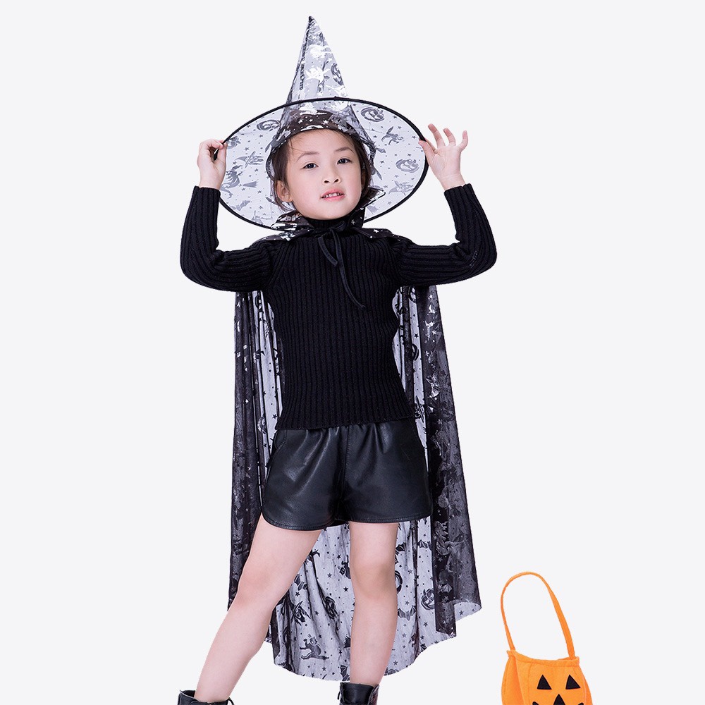 Set áo choàng phù thủy kèm mũ nhọn hóa trang lễ hội haloween và giỏ bí ngô