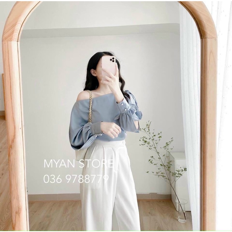 [CÓ SẴN] SET ÁO TRỄ VAI XANH + QUẦN ỐNG RỘNG SANG CHẢNG MÙA HÈ