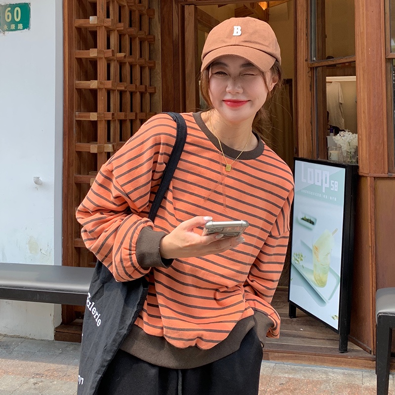 Áo sweater SUXI dài tay cổ tròn kẻ sọc ngang thời trang Hàn Quốc mới cho nữ