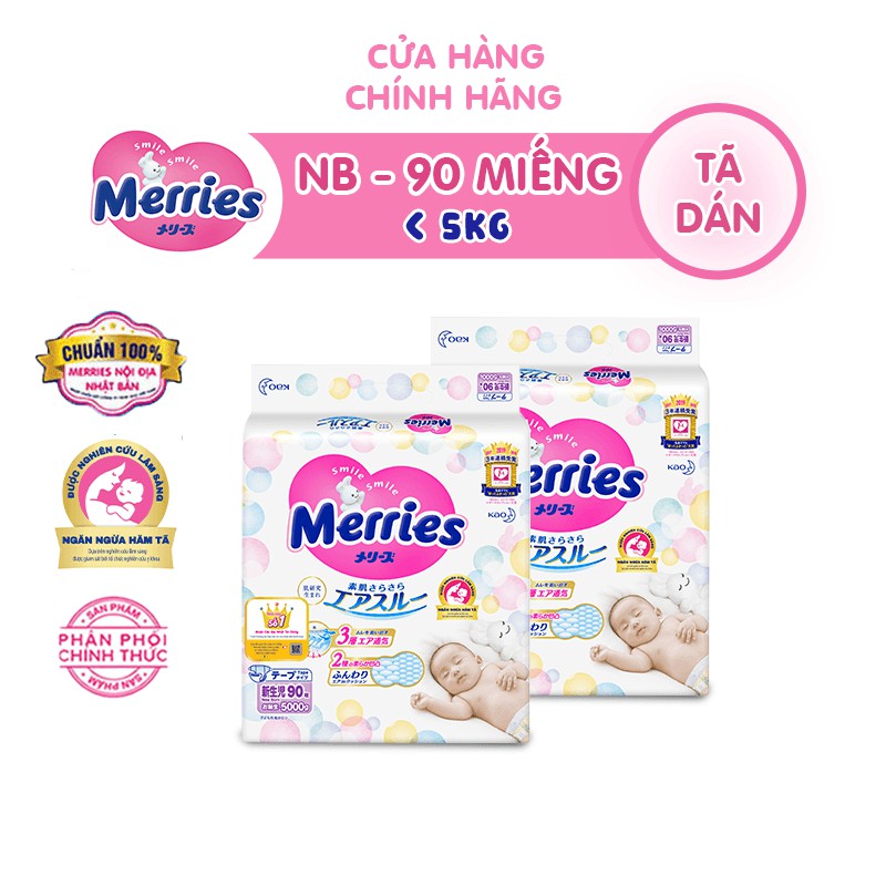 Combo 2 Tã/bỉm dán Merries size NB - 90 miếng (Cho bé dưới 5kg)