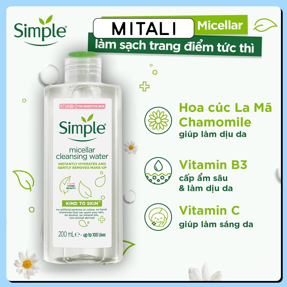 Nước Tẩy Trang Simple Micellar Cleansing Water 200ml , Sạch Sâu Dịu Nhẹ Cho Da Nhạy Cảm MiTaLi | BigBuy360 - bigbuy360.vn