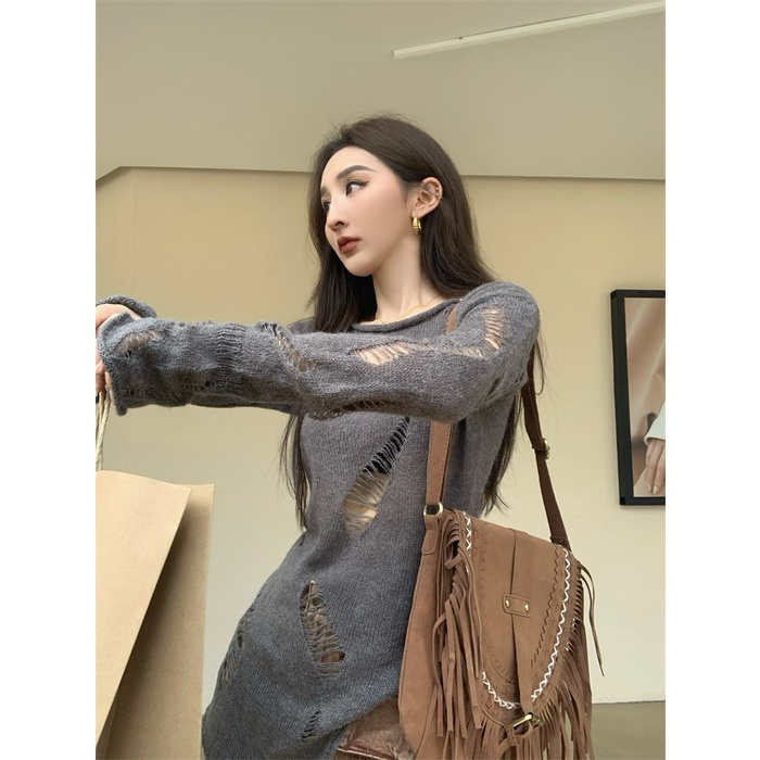 HUANG YOYO Áo Sweater Xám Thiết Kế Rách Phong Cách Hàn Quốc Thời Trang Mùa Thu Mới Cho Nữ