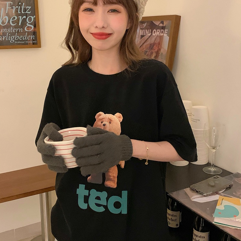 Áo thun IELGY tay ngắn dáng rộng in hình chú gấu hoạt hình kiểu Hàn Quốc cho nữ