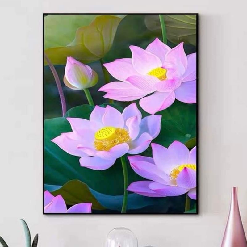 Tranh thêu chữ thập hoa sen. Tranh thêu đầm sen size vừa