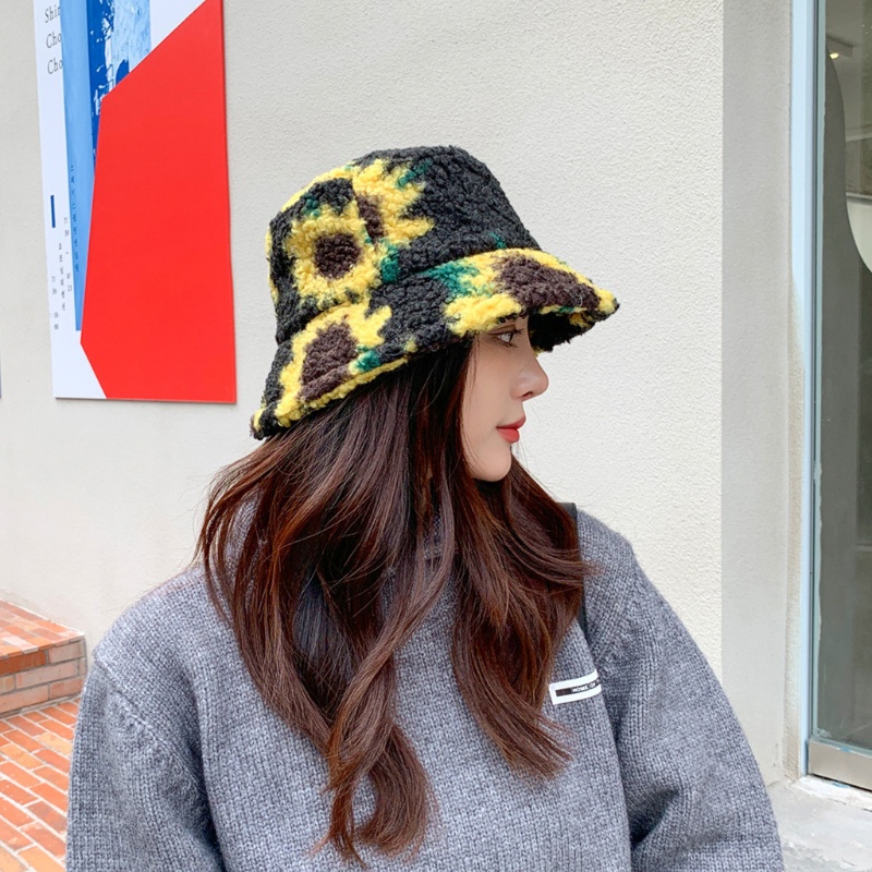 Nón Tai Bèo Lông Cừu Họa Tiết Hoa Hướng Dương Thời Trang