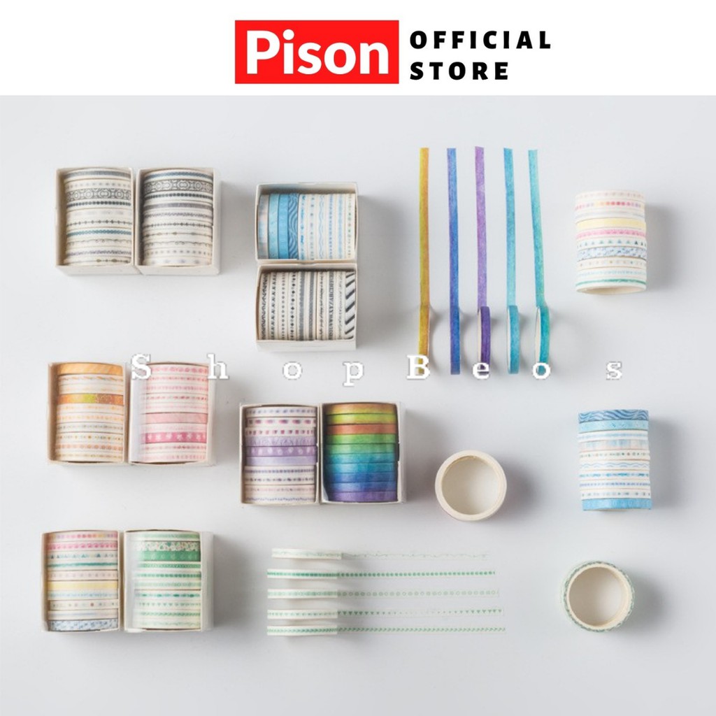 Hộp 10 cuộn băng keo washi tape Pison - BK009 - 1 bộ