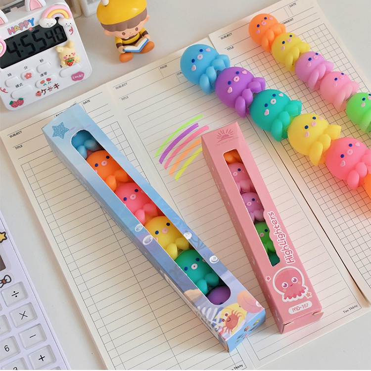 Bộ Bút Bắt Sáng 5 Màu Sắc Hình Bạch Tuộc Dùng Trong Trường Học / Văn Phòng