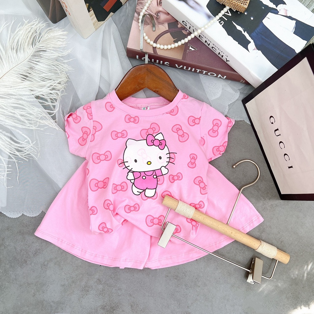Bộ cộc tay bé gái, bộ Hello kitty in tràn quần giả váy xinh xuất sắc cho bé