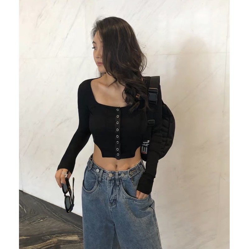 Áo croptop cổ vuông nút bấm (kèm ảnh thật)