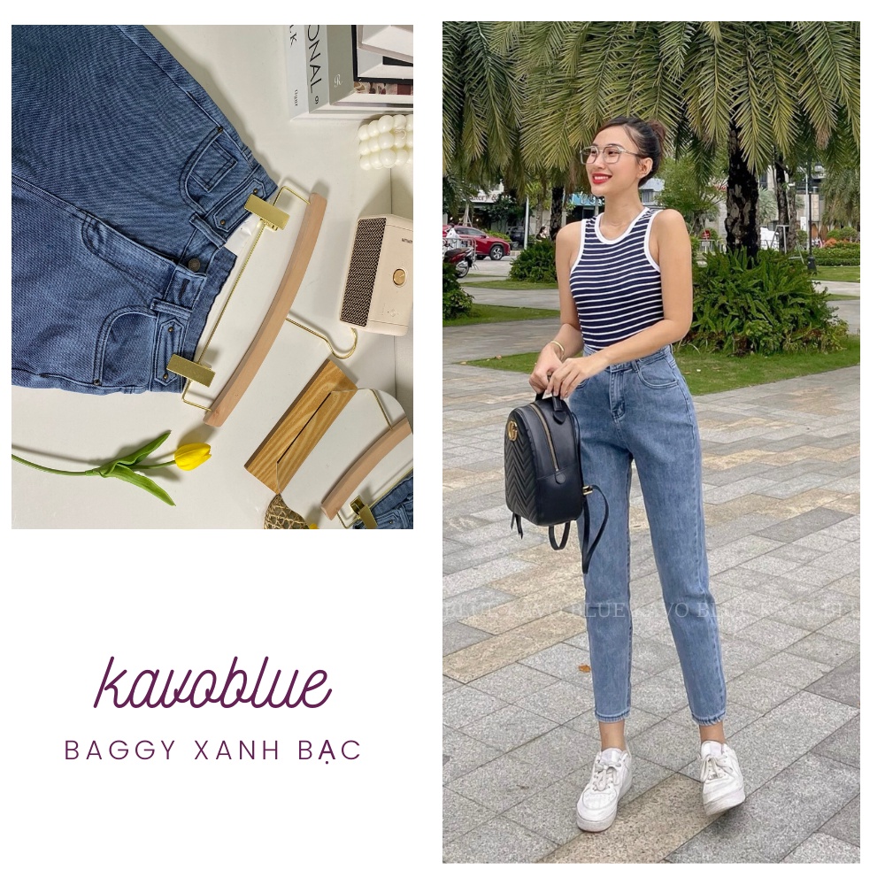 Quần Jeans Nữ Baggy Co Giãn Hàn Quốc KAVO BLUE Lưng Cao