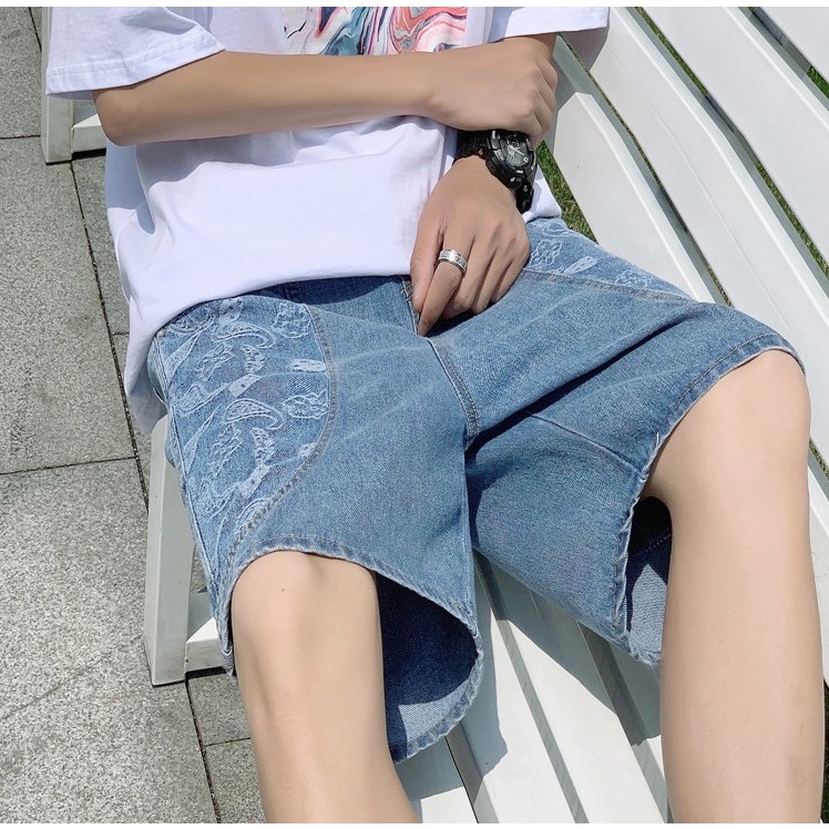 Quần đùi jean nam ống rộng lưng chun màu xanh họa tiết hoa văn 01 Pon.mens