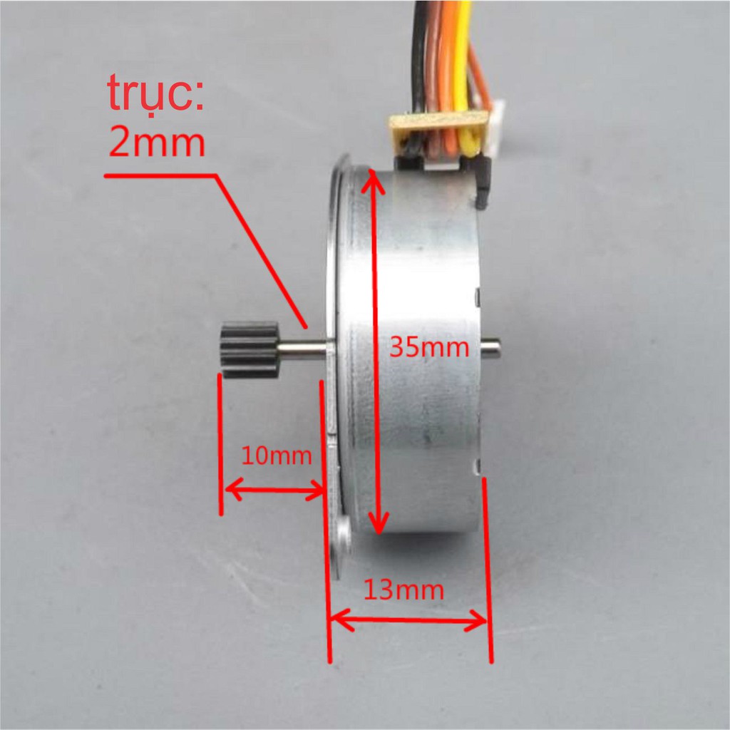 ĐỘNG CƠ bước 35 5V 7.5 độ 2 pha 4 dây trục 2mm bánh răng 0.4 12 răng kde5778