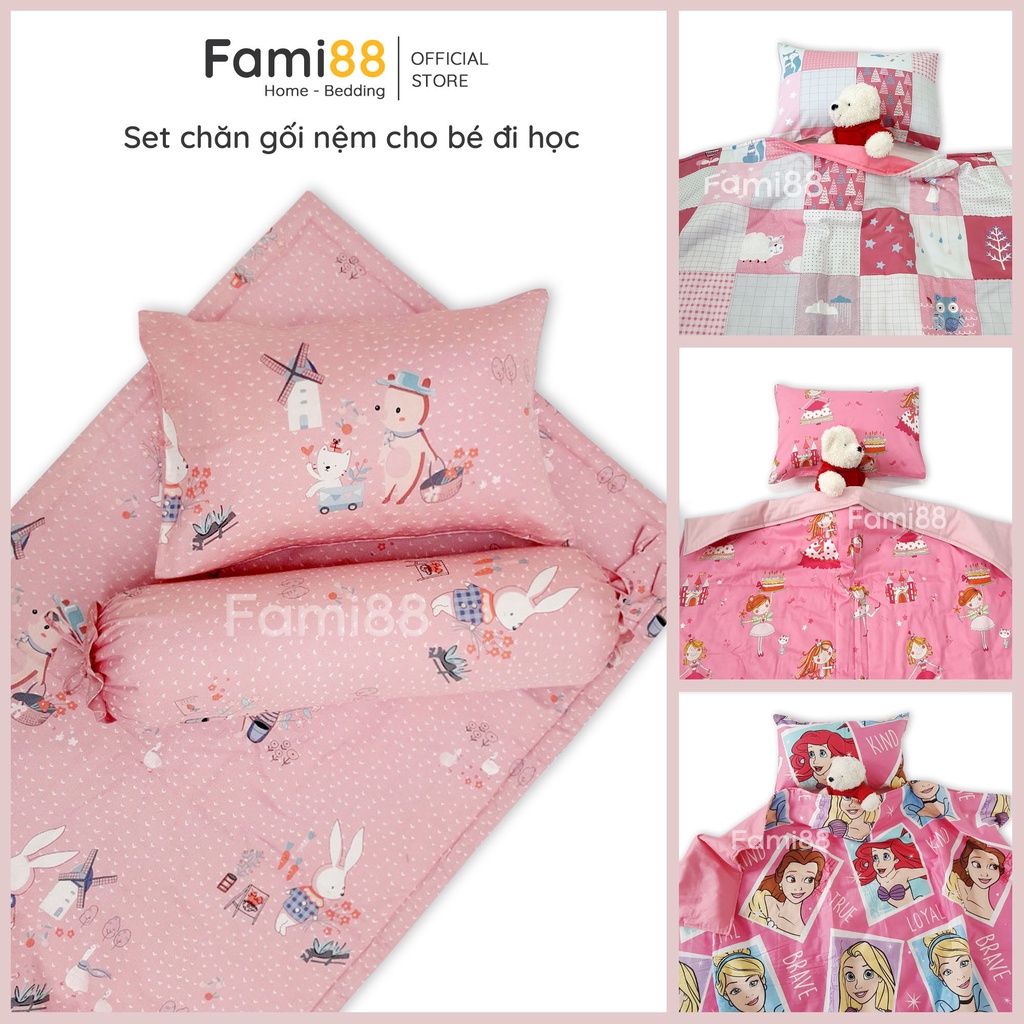 Set chăn nệm gối cho bé đi học mẫu giáo tiểu học, vải cotton 100% sợi tự nhiên an toàn kháng khuẩn.