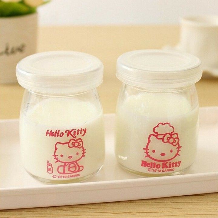 [Đồ Gia Dụng] Bộ 12 Hũ Đựng Sữa Chua Thuỷ Tinh Hello Kitty
