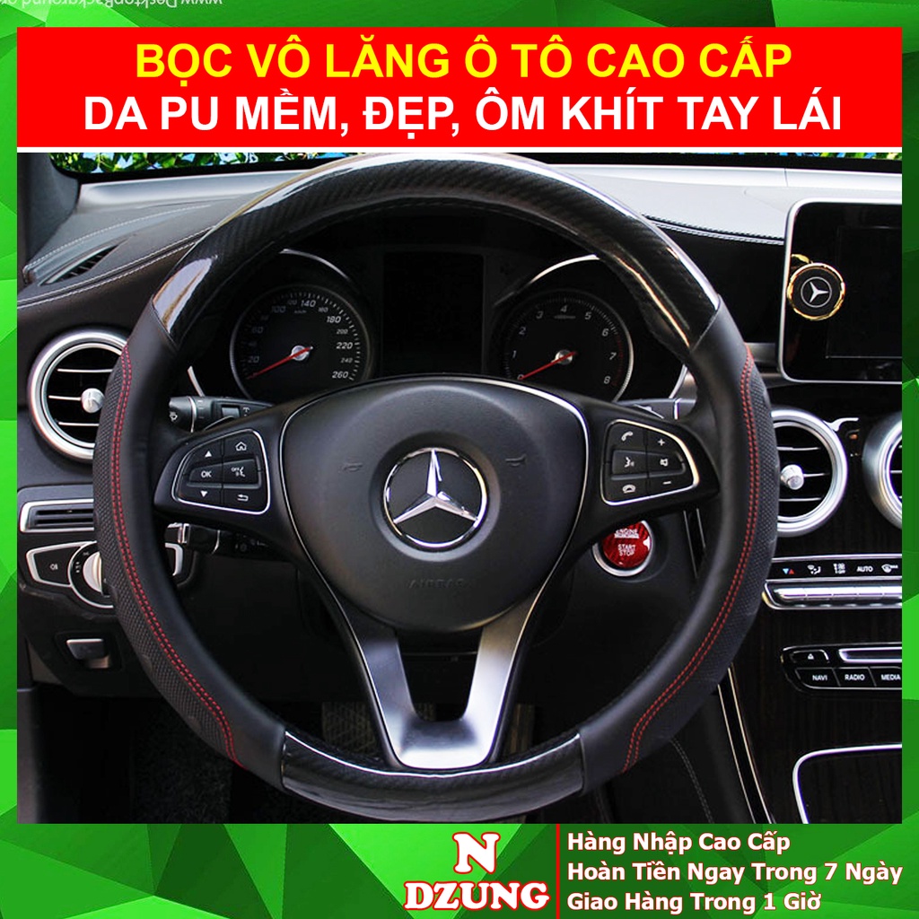 Bọc Vô Lăng Ô tô - Bọc Vô Lăng - Da PU Cao Cấp, Ôm Khít, Chống Trơn Trượt, Hàng Đẹp - Đen Vân Cacbon Kẻ Đỏ - M2