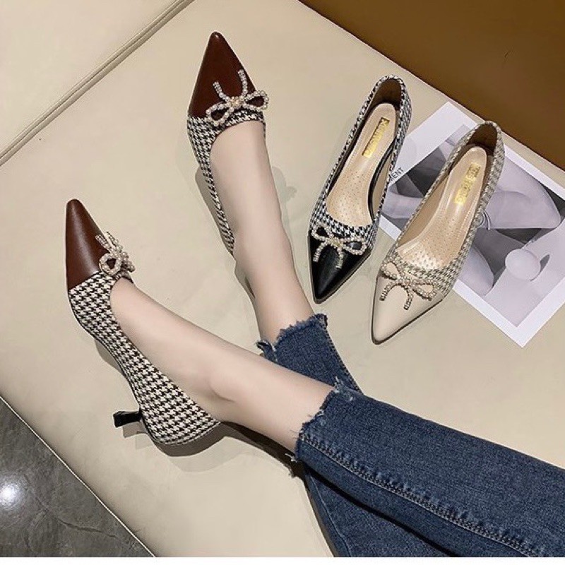 GIẦY CAO GÓT 💎SALE💎 Giày nữ công sở mũi nhọn đính nơ gót nhọn 5 phân 5p chất liệu da nhập khẩu cao cấp