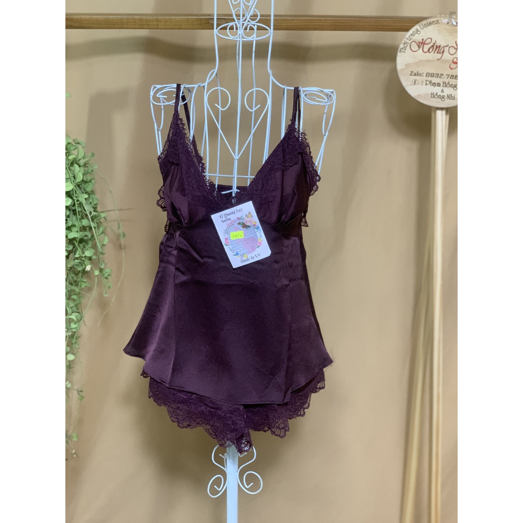 Bộ Pijama Lụa Satin Áo 2 Dây Phối Ren Quần Đùi Cao Cấp Dáng Rộng 60kg Trở Lại Ulzzang