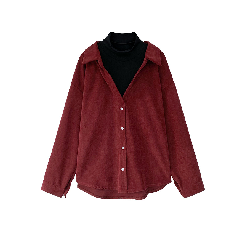 THEODORA Turn-down collar turtleneck color block patchwork retro shirt Korean style button loose plain women blouse Fashion bigsize modern wear