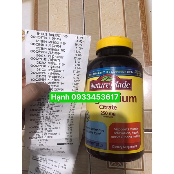 (chính hãng )MAGNESIUM CITRATE 250mg Nature made 180 viên của Mỹ
