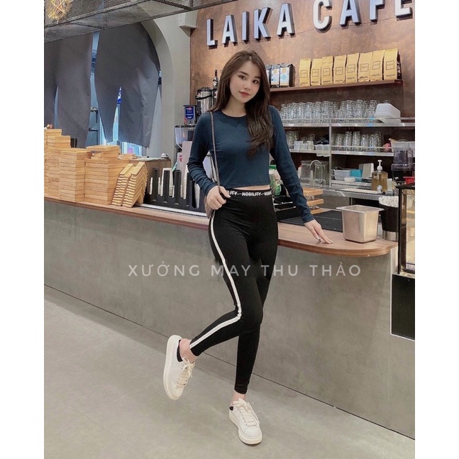 Quần Legging cạp viền sọc trắng mẫu mới co dãn 4 chiều