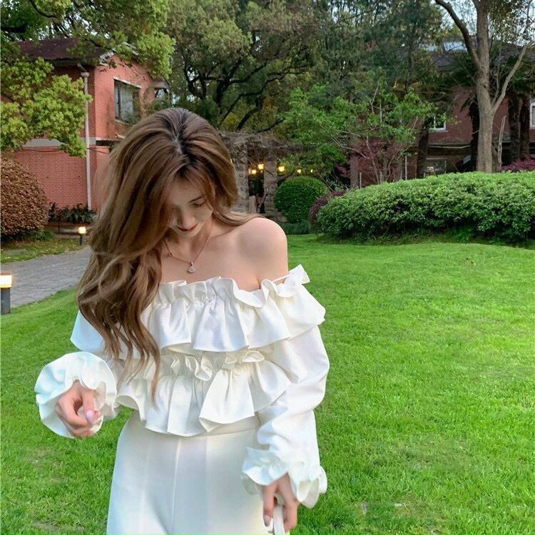 Áo trắng trễ vai nhún tầng KÈM ẢNH THẬT  BAO KIỂM ❌