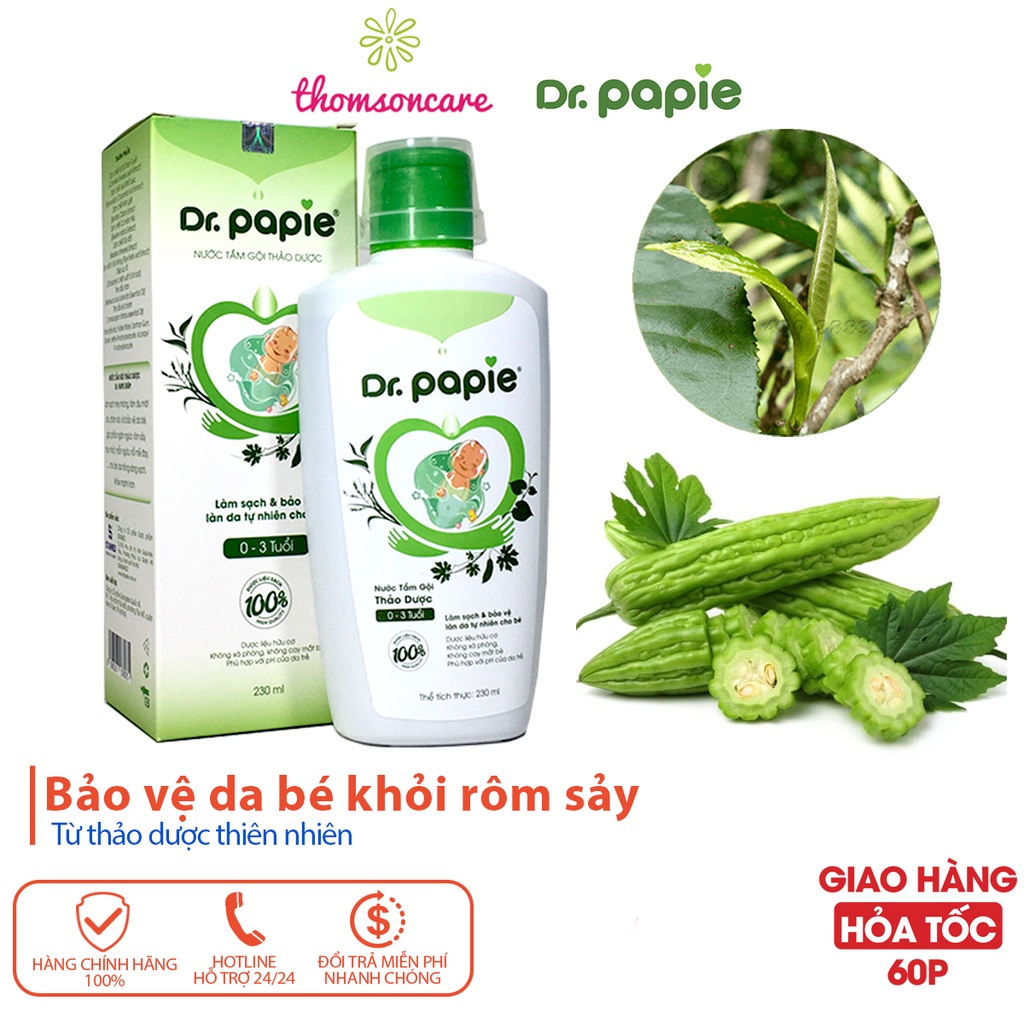 Sữa tắm gội thảo dược cho bé từ sơ sinh Dr Papie Chai 230ml từ lá trà, mướp đắng, trầu không, tràm, sả chanh