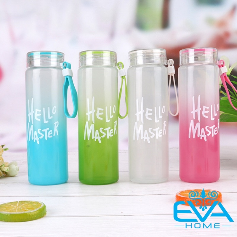 Bình Đựng Nước Thủy Tinh Màu Mờ In Chữ Hello Master Kèm Dây Xách 450 Ml