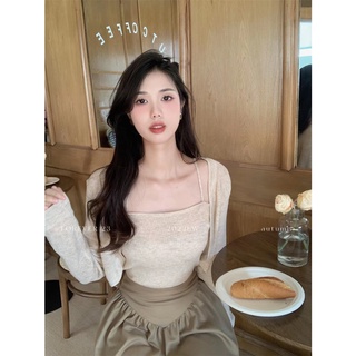 Áo set len be: áo 2 dây gân tăm, cardigan mỏng tay dài dáng croptop
