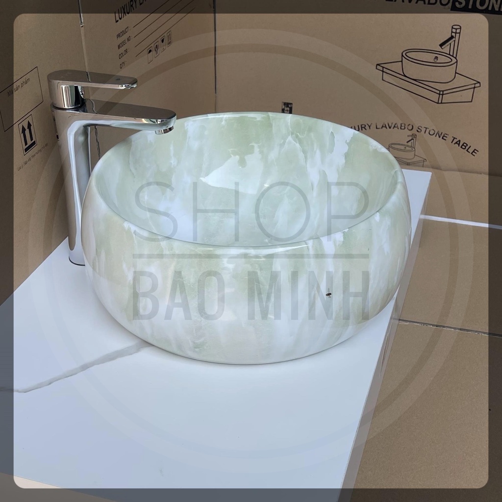 Chậu rửa mặt - Lavabo tròn đặt bàn hoa văn vân đá xanh ngọc cao cấp, đường kính 40cm.