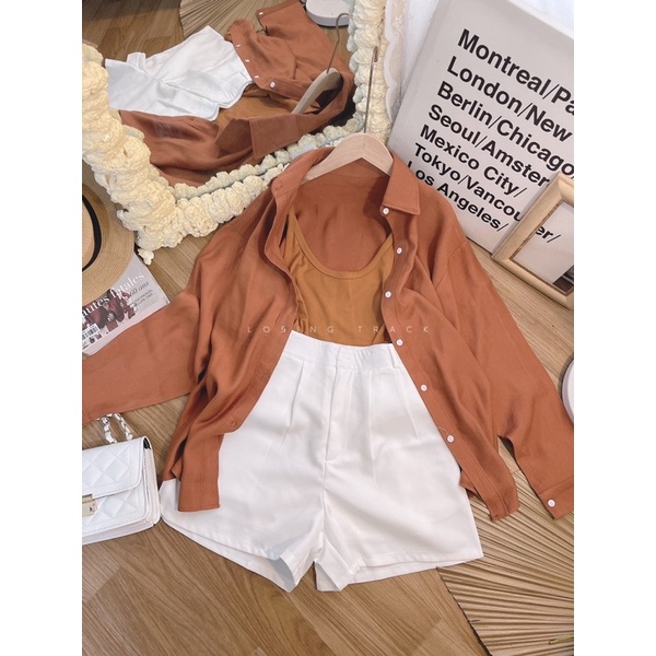 SET 3 MÓN : ÁO LÓT 2 DÂY NÂU + ÁO SƠ MI NÂU + QUẦN SHORT TRẮNG