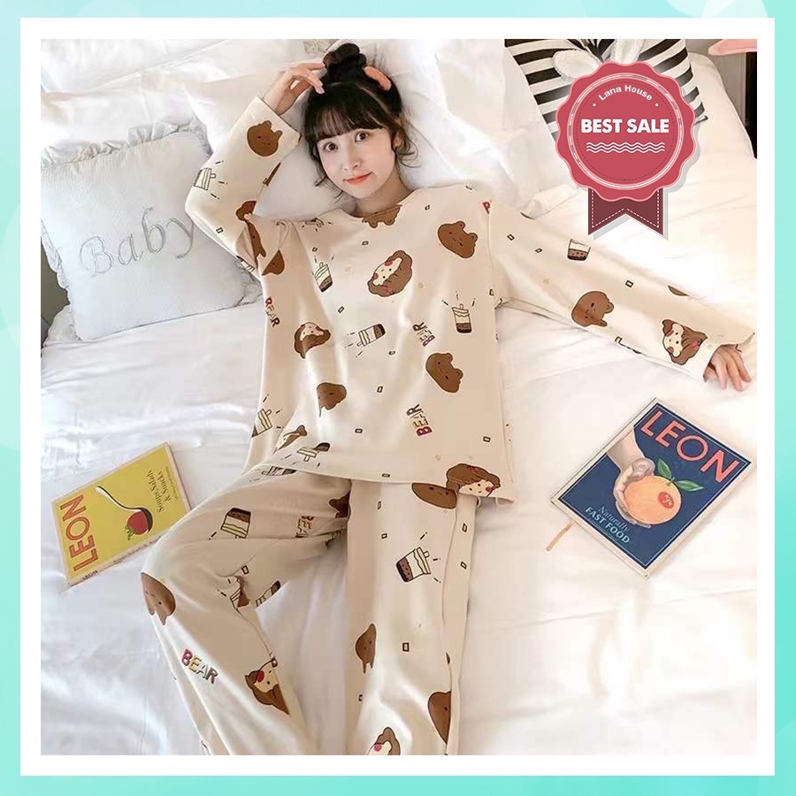Đồ ngủ nữ mặc nhà dễ thương tay dài quần dài họa tiết hoạt hình chất cotton thun lạnh cao cấp TDD01A