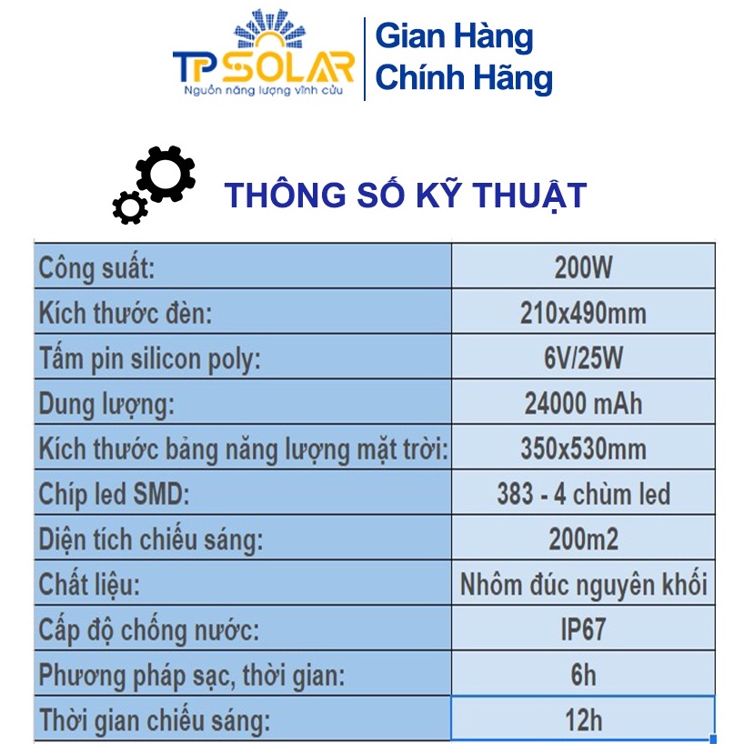 Đèn Bàn Chải Năng Lượng Mặt Trời TP Solar TP-C200N Công Suất 200W Chống Nước IP66, Cảm Biến Tự Động