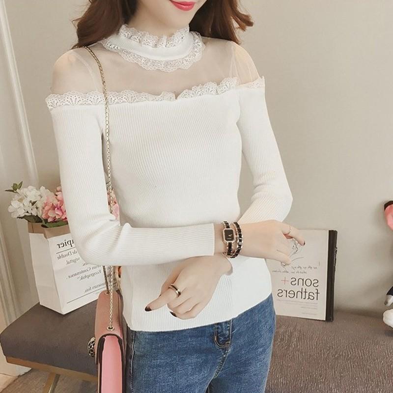 Áo sweater dài tay phối ren trễ vai gợi cảm bằng cotton pha dành cho nữ